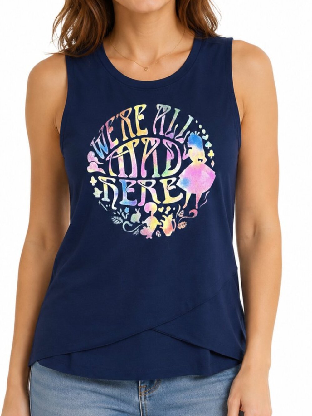 Disney Navy Blue Tank Top with Pastel Alice in Wonderland “We’re All Mad Here”
